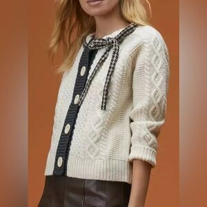 NWOT The Reeds X Anthropologie Cable-Knit Wool Cropped Cardigan bow Size XS